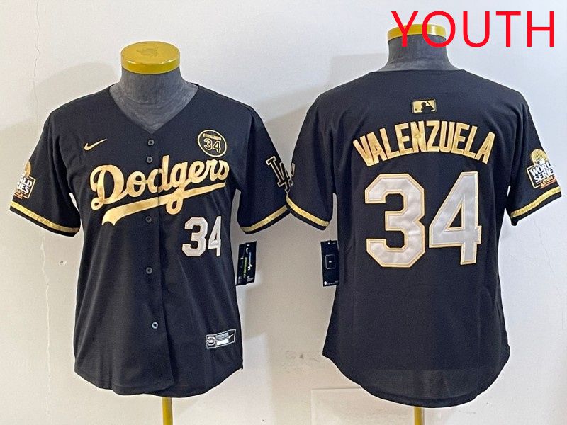 Youth Los Angeles Dodgers 34 Valenzuela Black Gold 2025 Nike MLB Jersey style 414